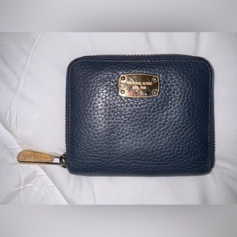 Michael Kors Dark Blue Bi-Fold Leather Wallet with Gold Accents
